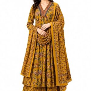 Women's Rayon Printed Anarkali Kurta and Pant with Dupatta Set